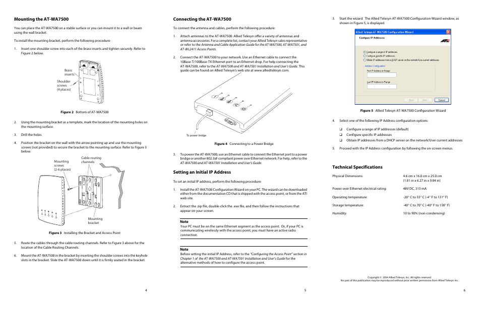 Mounting the at-wa7500, Connecting the at-wa7500, Setting an initial ip address | Technical specifications | Allied Telesis AT-WA7500 User Manual | Page 2 / 2