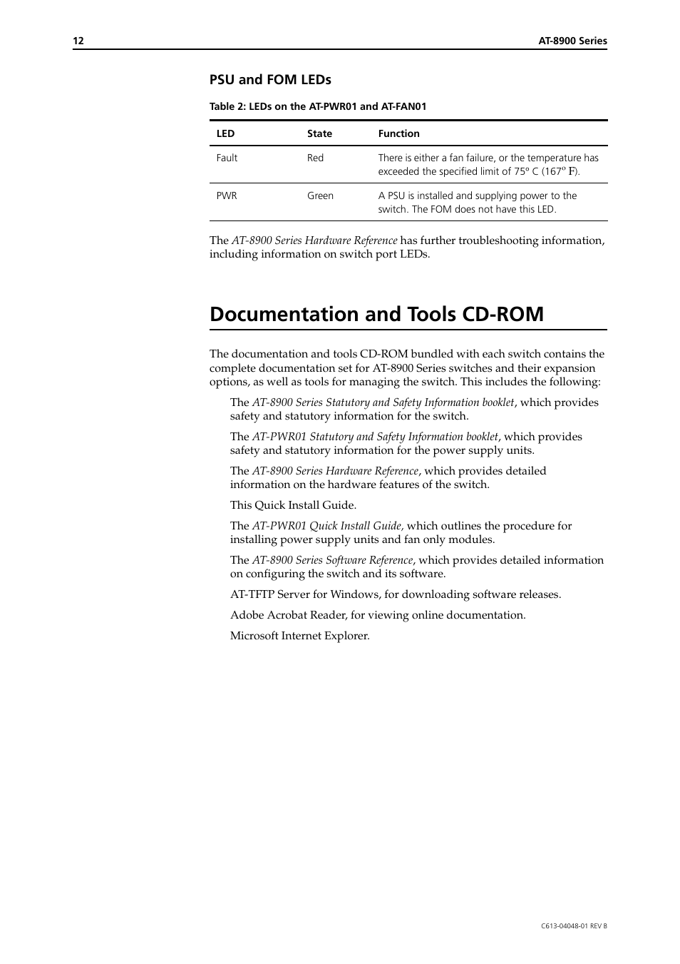 Documentation and tools cd-rom, Psu and fom leds | Allied Telesis AT-8900 SERIES User Manual | Page 12 / 12