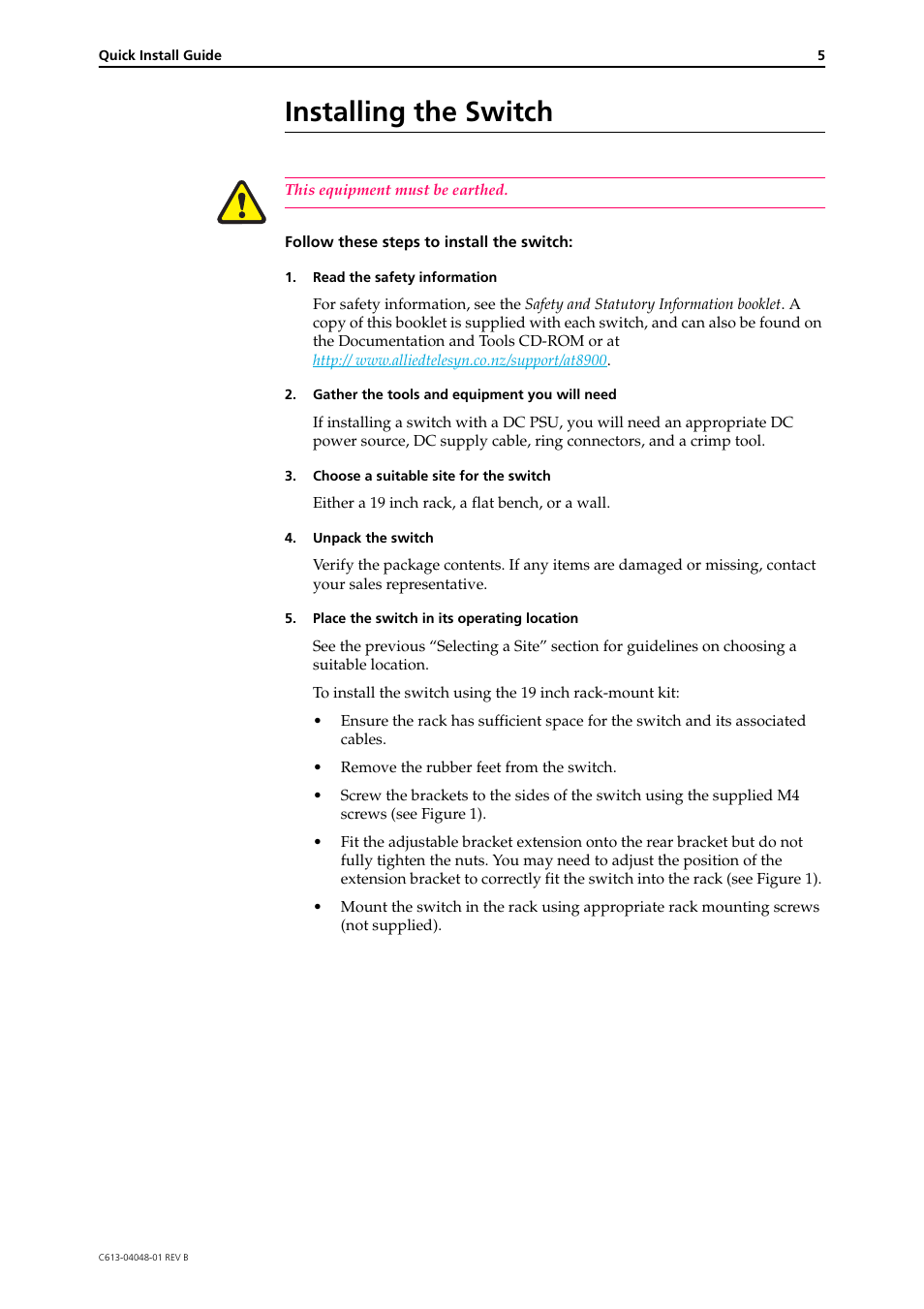 Installing the switch | Allied Telesis AT-8900 SERIES User Manual | Page 5 / 12
