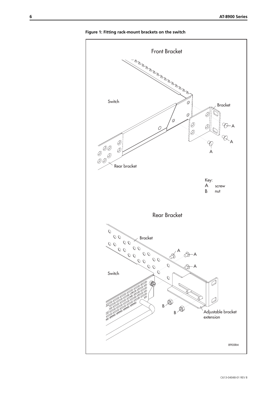 Front bracket, Rear bracket | Allied Telesis AT-8900 SERIES User Manual | Page 6 / 12