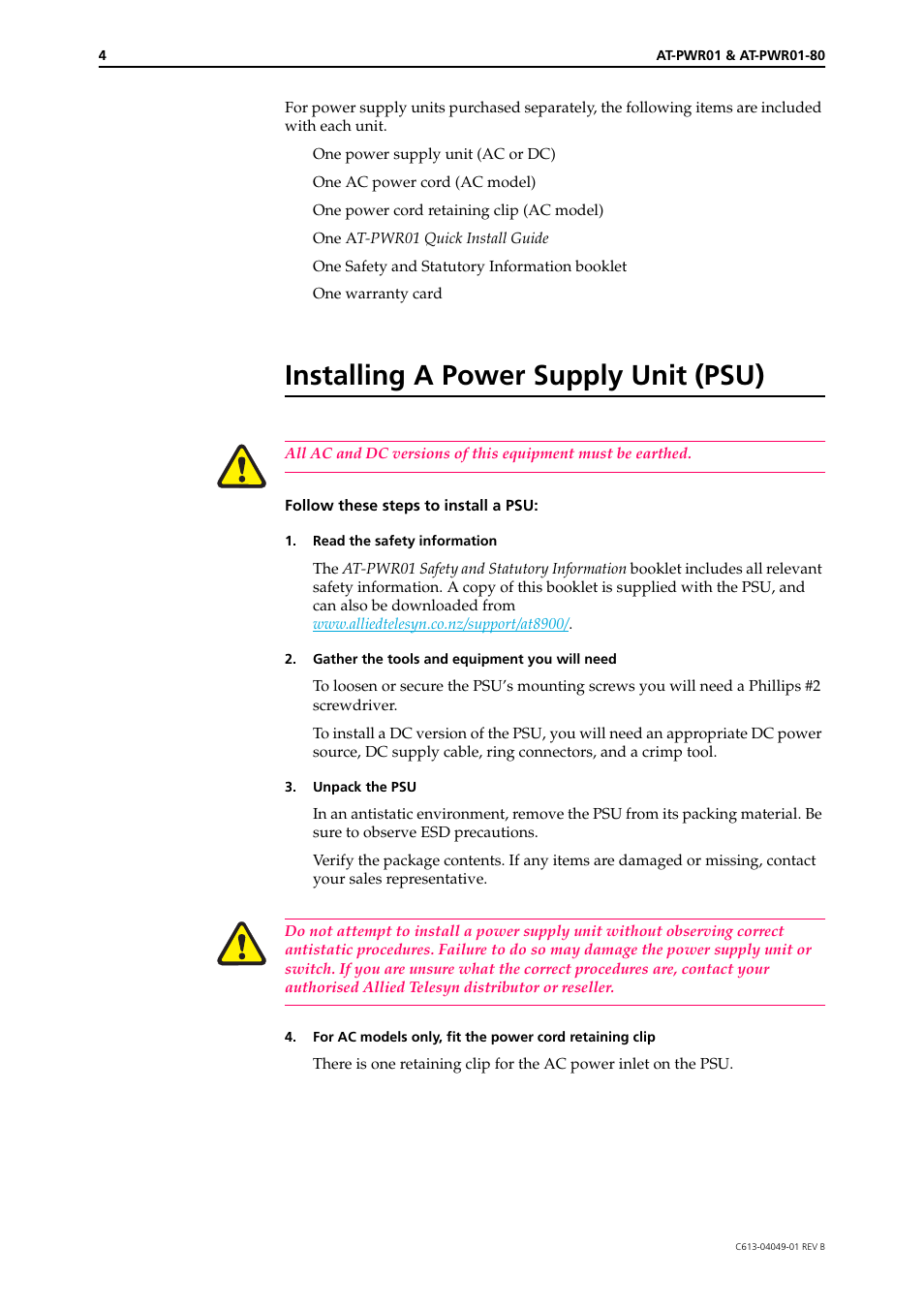 Installing a power supply unit (psu) | Allied Telesis AT-PWR01 User Manual | Page 4 / 9