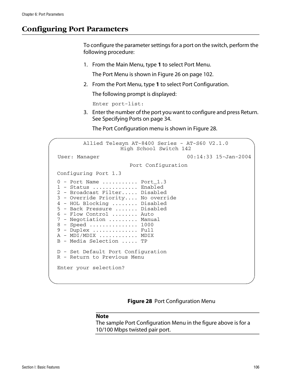 Configuring port parameters | Allied Telesis AT-S60 User Manual | Page 106 / 858