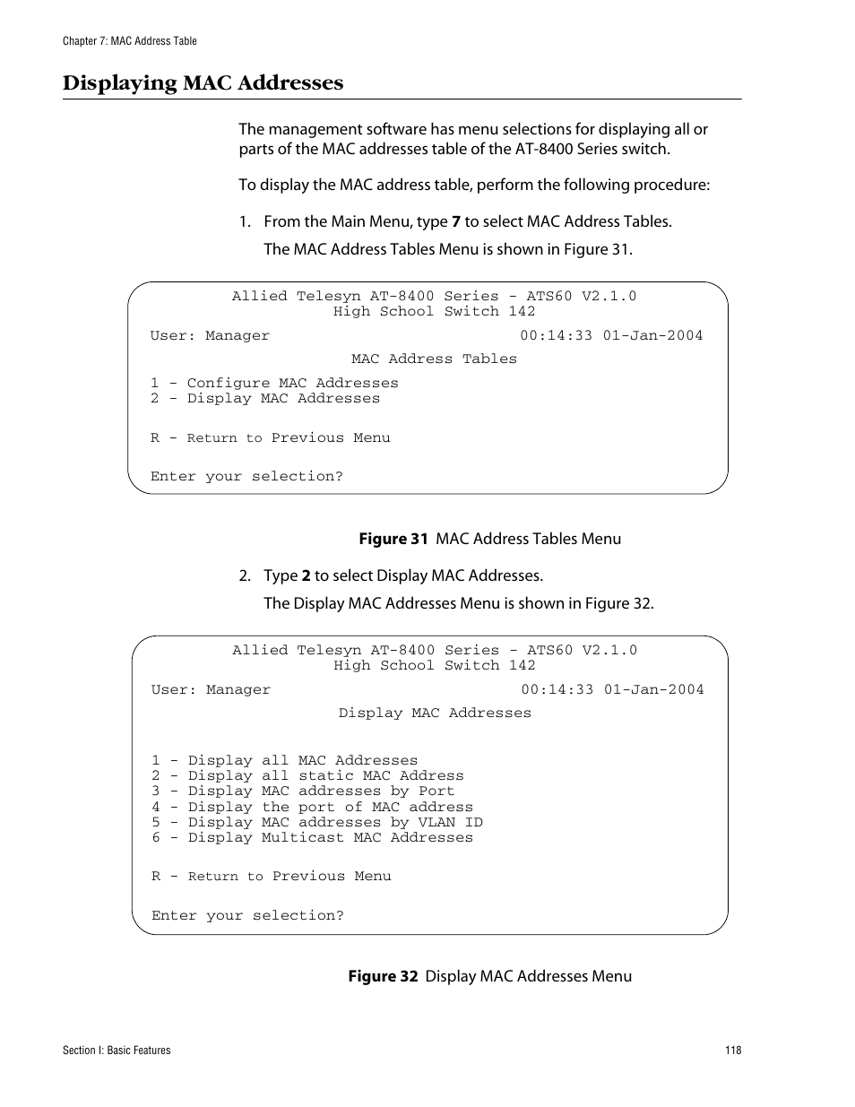 Displaying mac addresses | Allied Telesis AT-S60 User Manual | Page 118 / 858