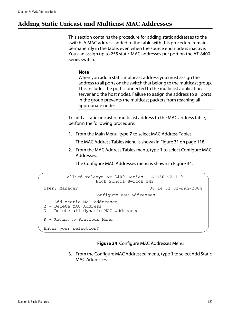 Adding static unicast and multicast mac addresses | Allied Telesis AT-S60 User Manual | Page 122 / 858