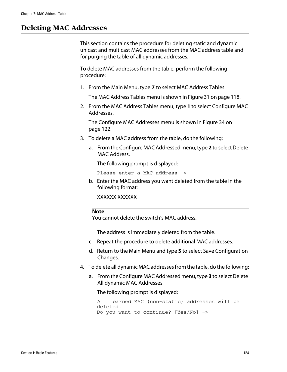 Deleting mac addresses | Allied Telesis AT-S60 User Manual | Page 124 / 858