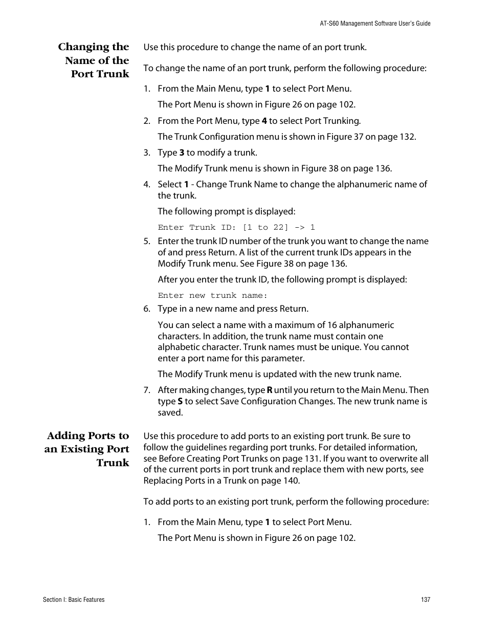 Changing the name of the port trunk, Adding ports to an existing port trunk | Allied Telesis AT-S60 User Manual | Page 137 / 858