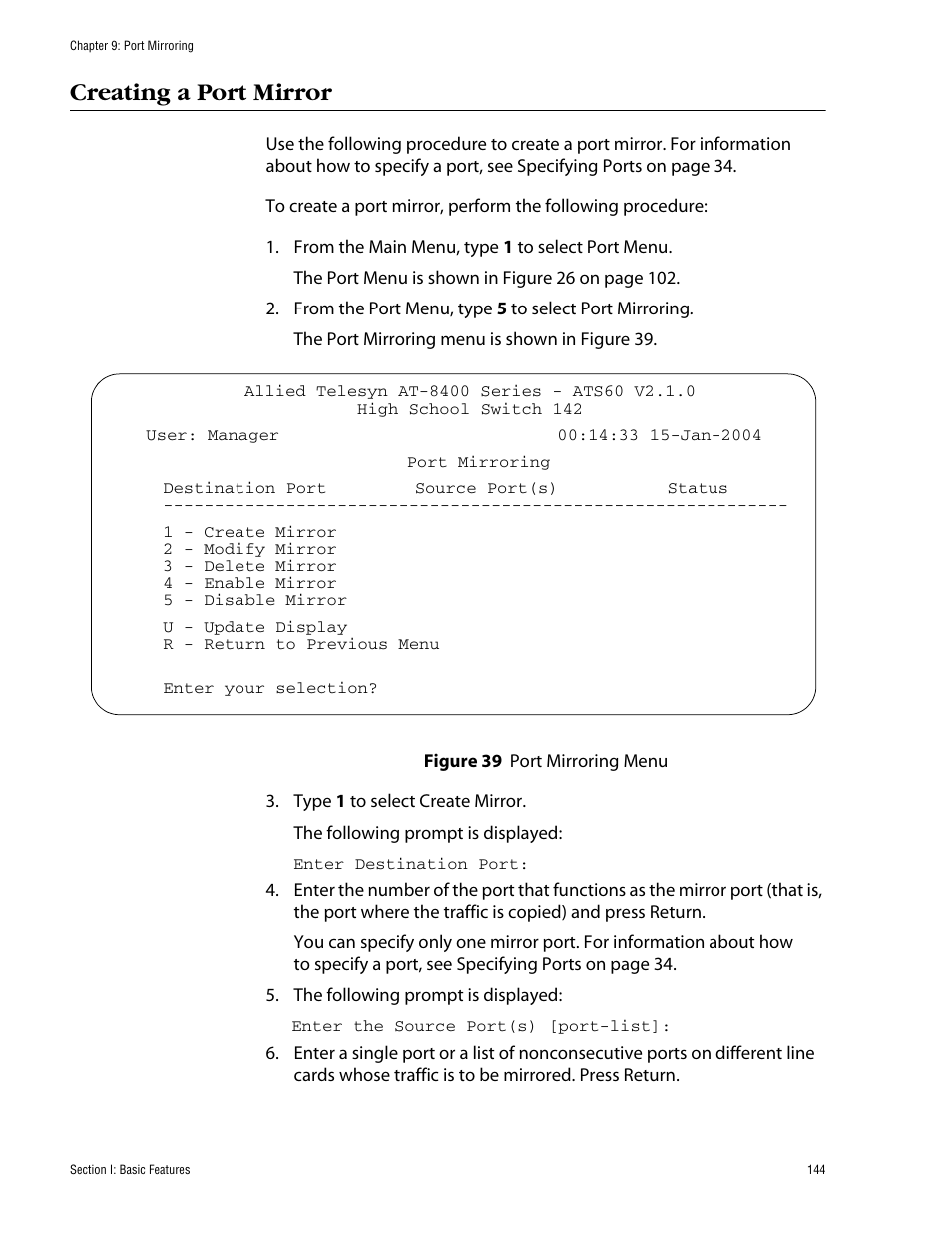 Creating a port mirror | Allied Telesis AT-S60 User Manual | Page 144 / 858