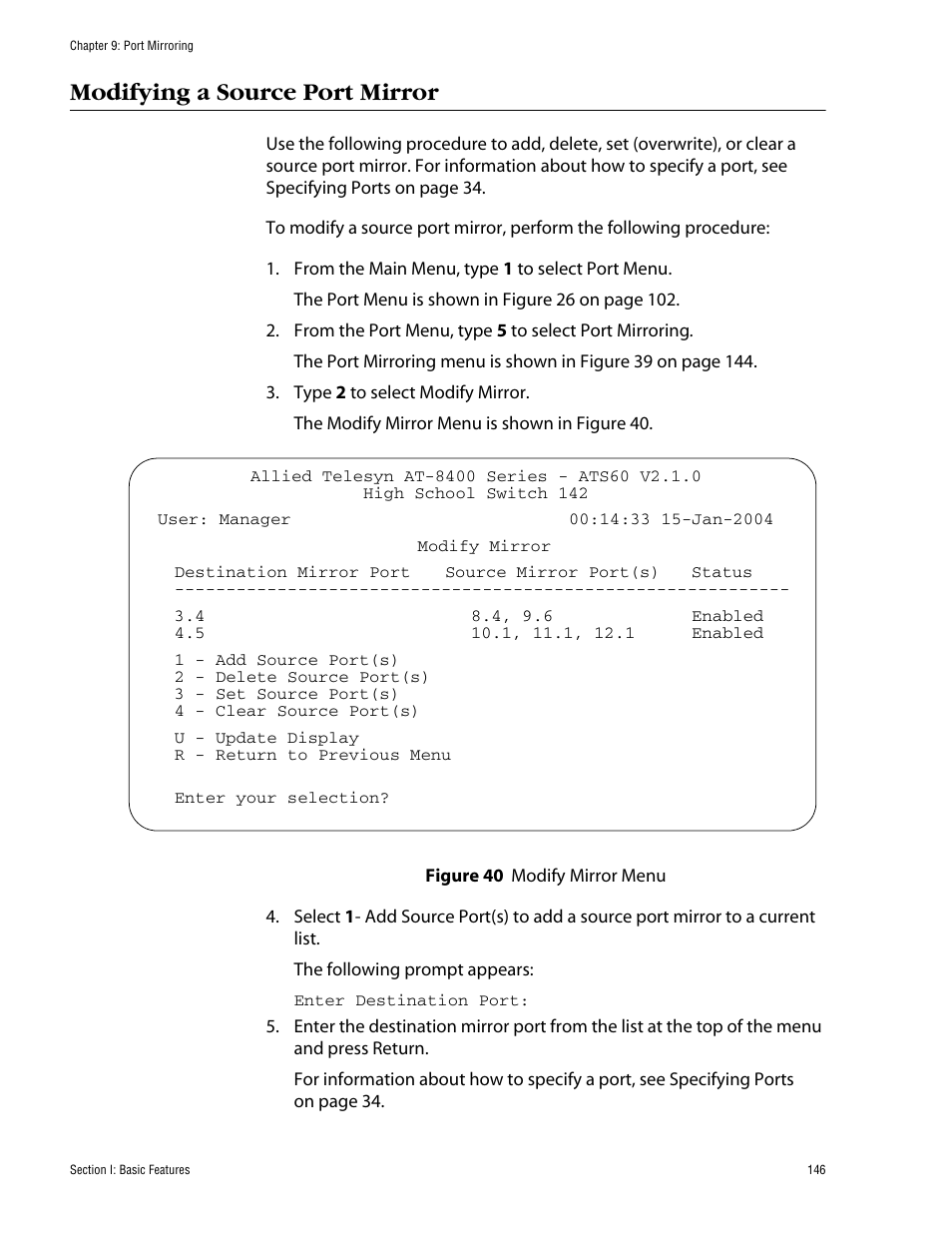 Modifying a source port mirror | Allied Telesis AT-S60 User Manual | Page 146 / 858