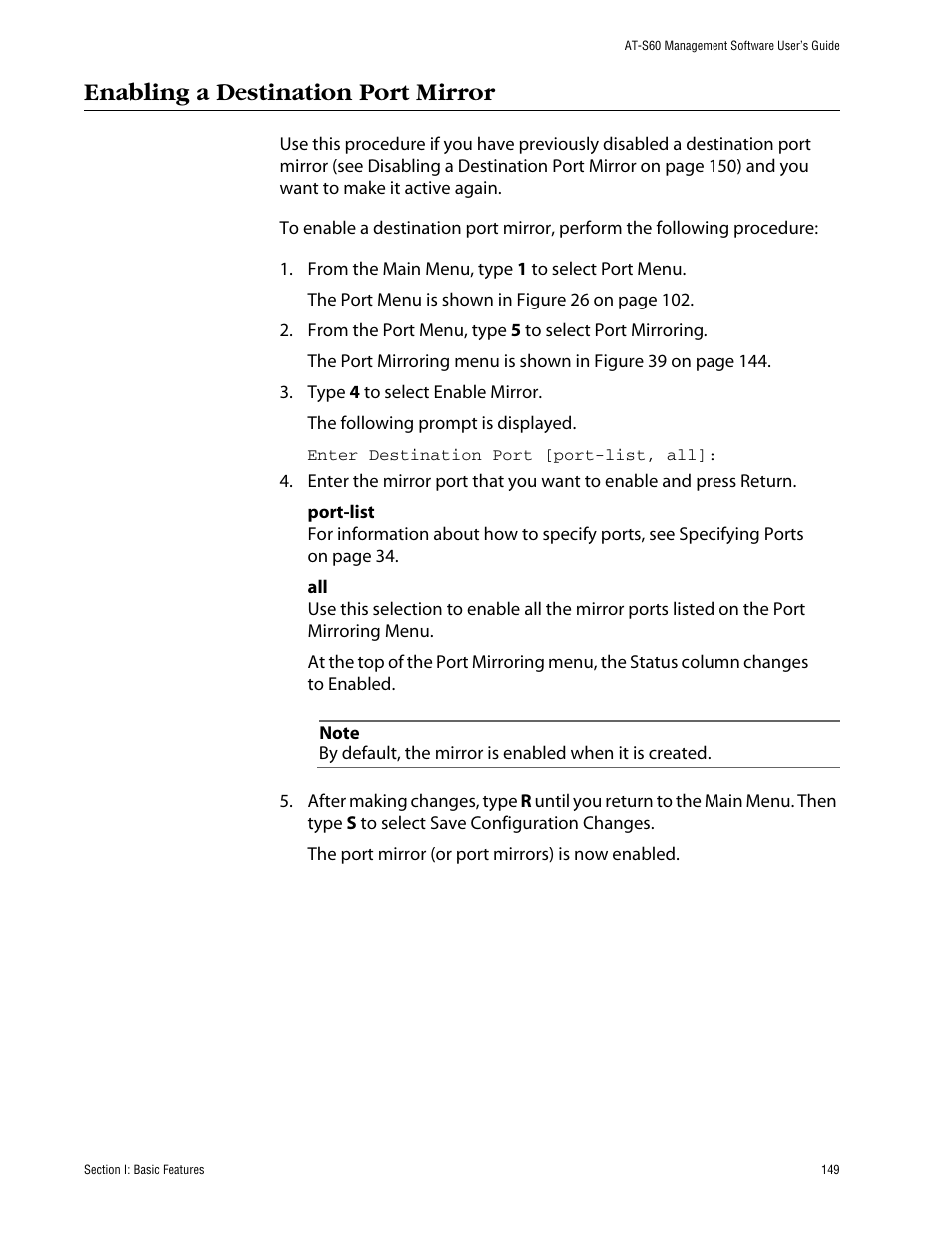 Enabling a destination port mirror | Allied Telesis AT-S60 User Manual | Page 149 / 858