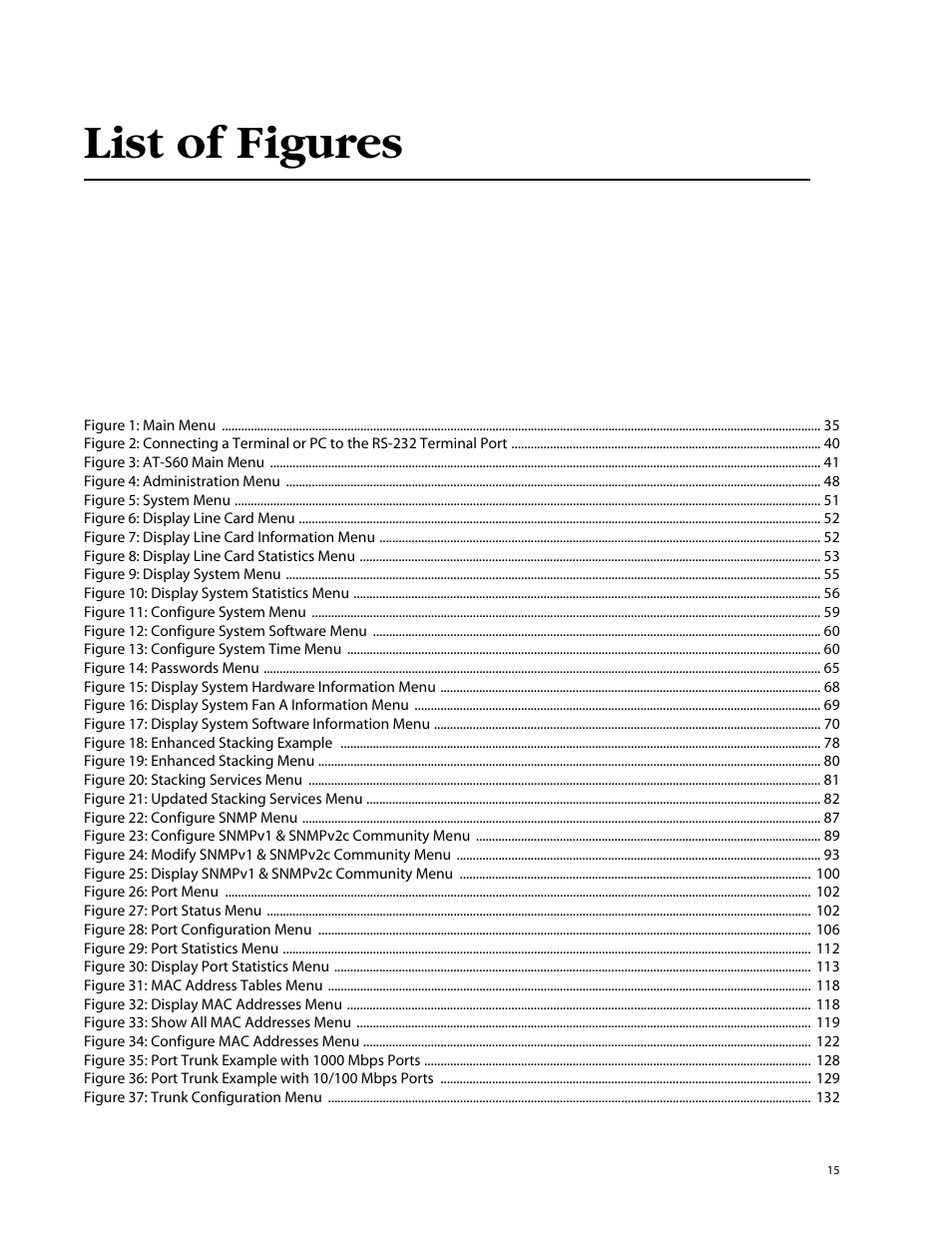 List of figures, Figure 1: main menu 35, Figure 3: at-s60 main menu 41 | Figure 4: administration menu 48, Figure 5: system menu 51, Figure 6: display line card menu 52, Figure 7: display line card information menu 52, Figure 8: display line card statistics menu 53, Figure 9: display system menu 55, Figure 10: display system statistics menu 56 | Allied Telesis AT-S60 User Manual | Page 15 / 858