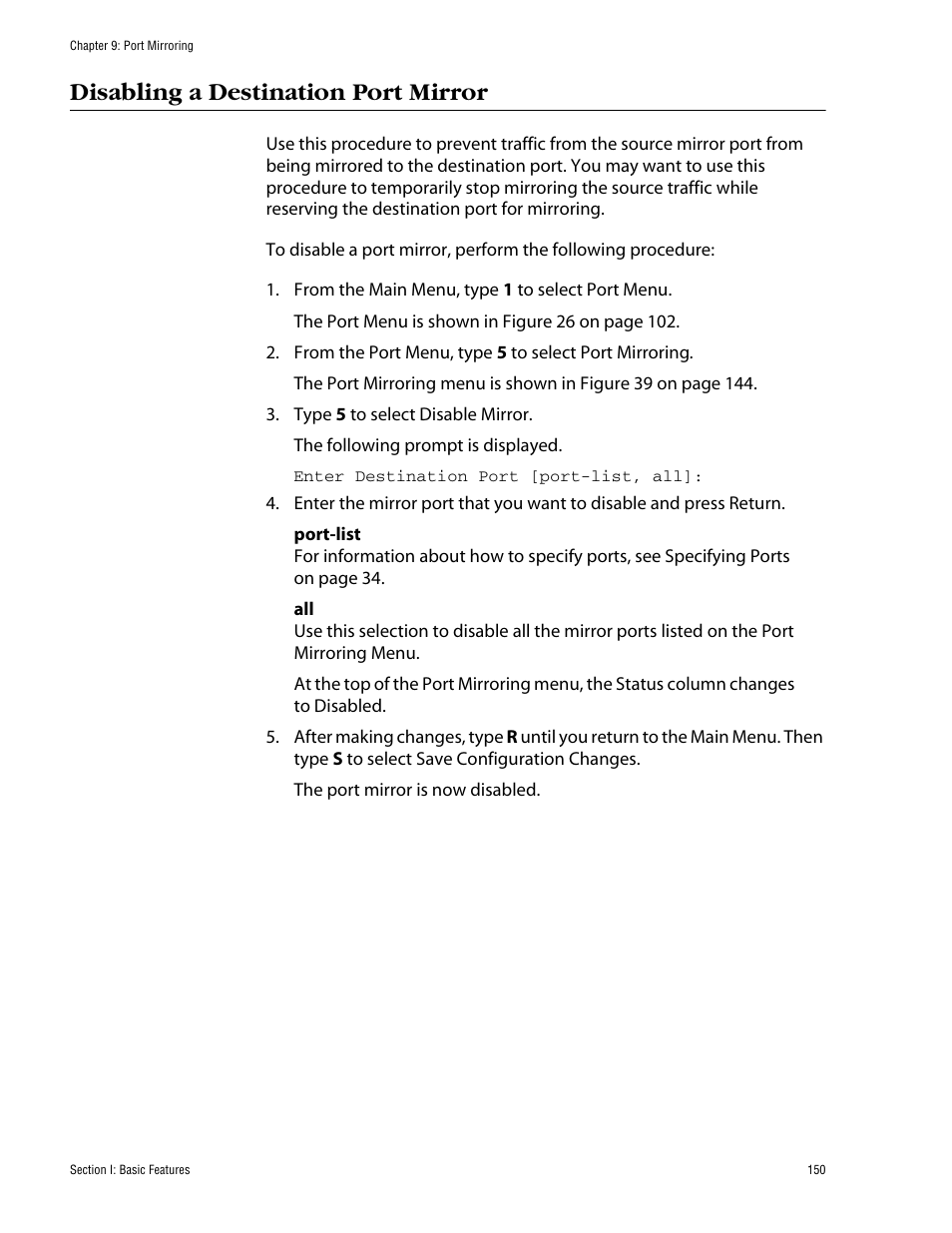 Disabling a destination port mirror | Allied Telesis AT-S60 User Manual | Page 150 / 858