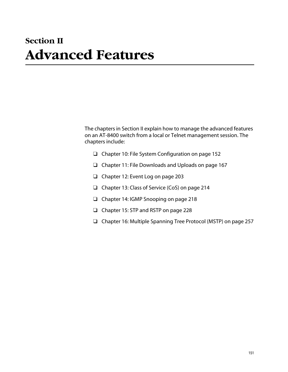 Section ii advanced features, Advanced features | Allied Telesis AT-S60 User Manual | Page 151 / 858