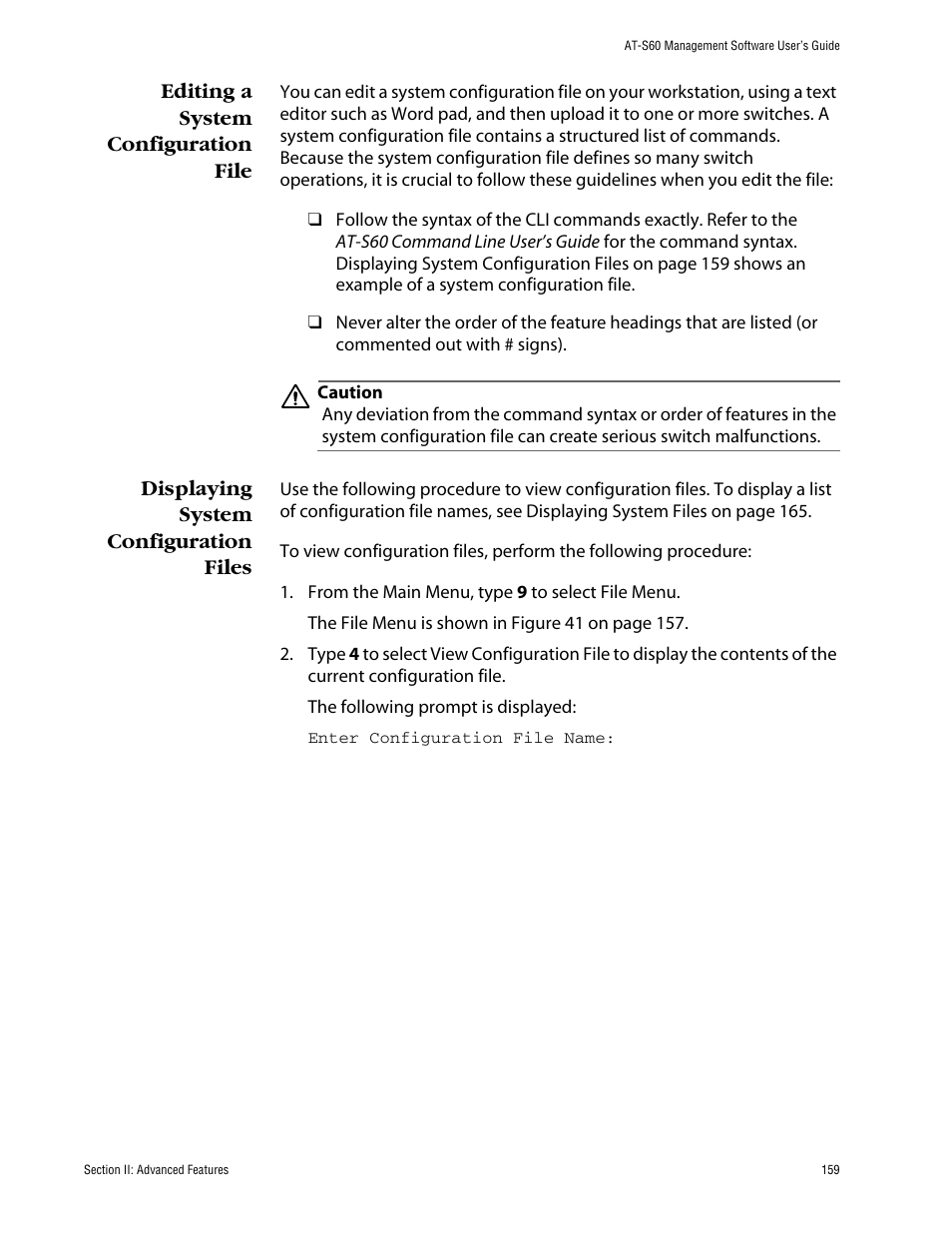 Editing a system configuration file, Displaying system configuration files | Allied Telesis AT-S60 User Manual | Page 159 / 858