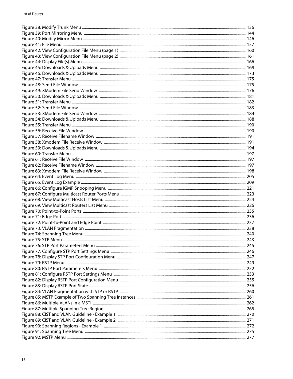 Figure 38: modify trunk menu 136, Figure 39: port mirroring menu 144, Figure 40: modify mirror menu 146 | Figure 41: file menu 157, Figure 44: display file(s) menu 166, Figure 45: downloads & uploads menu 169, Figure 46: downloads & uploads menu 173, Figure 47: transfer menu 175, Figure 48: send file window 175, Figure 49: xmodem file send window 176 | Allied Telesis AT-S60 User Manual | Page 16 / 858