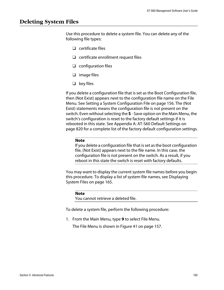 Deleting system files | Allied Telesis AT-S60 User Manual | Page 163 / 858