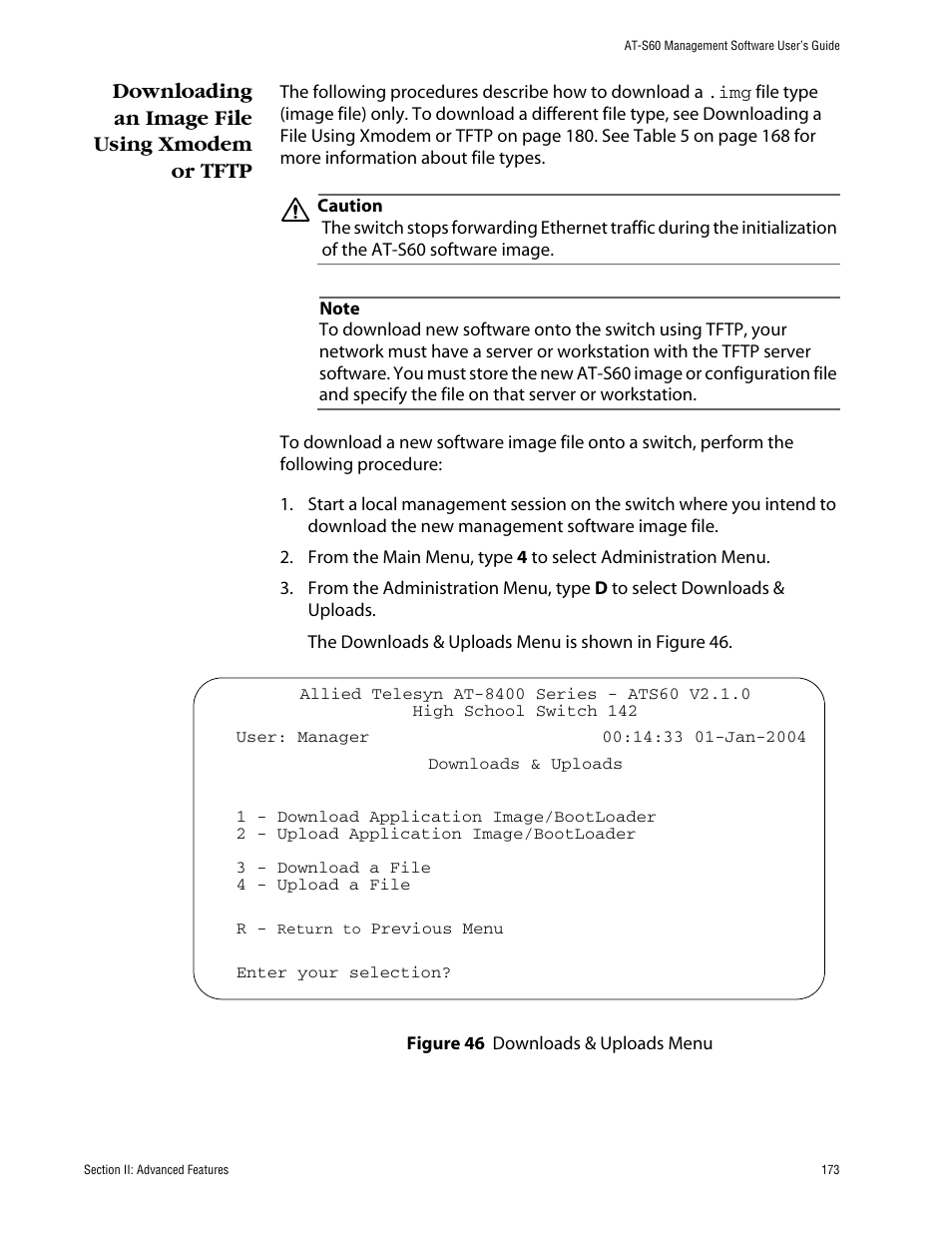 Downloading an image file using xmodem or tftp | Allied Telesis AT-S60 User Manual | Page 173 / 858