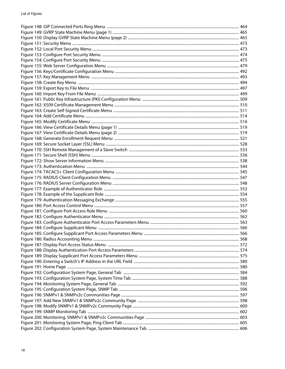 Figure 148: gip connected ports ring menu 464, Figure 151: security menu 473, Figure 152: local port security menu 473 | Figure 153: configure port security menu 474, Figure 154: configure port security menu 475, Figure 155: web server configuration menu 479, Figure 157: key management menu 493, Figure 158: create key menu 494, Figure 159: export key to file menu 497, Figure 160: import key from file menu 499 | Allied Telesis AT-S60 User Manual | Page 18 / 858