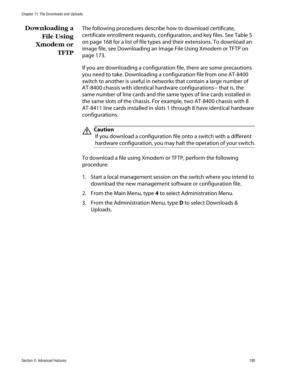 Downloading a file using xmodem or tftp | Allied Telesis AT-S60 User Manual | Page 180 / 858