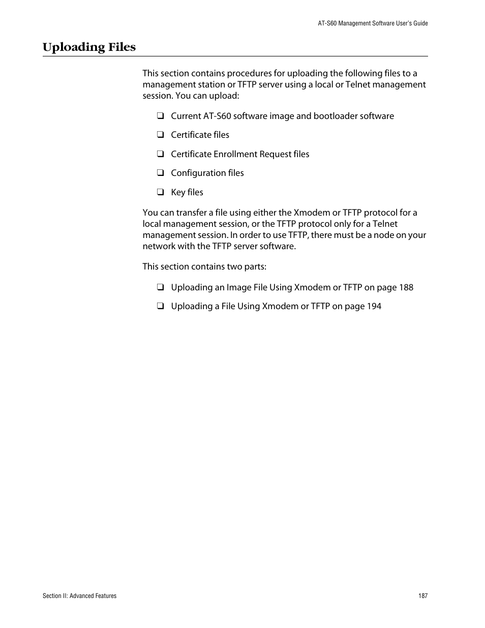Uploading files, Iles are described in uploading | Allied Telesis AT-S60 User Manual | Page 187 / 858