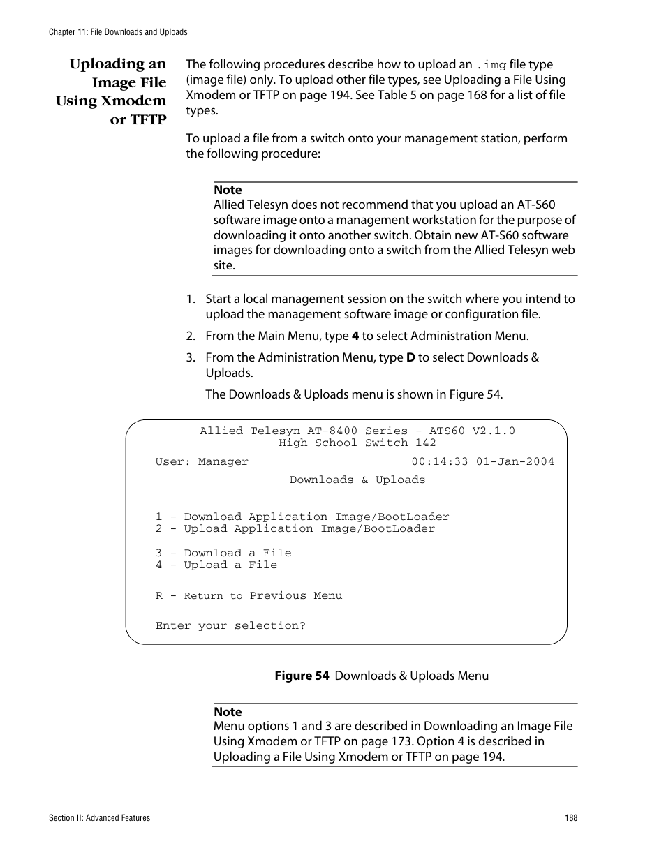 Uploading an image file using xmodem or tftp | Allied Telesis AT-S60 User Manual | Page 188 / 858