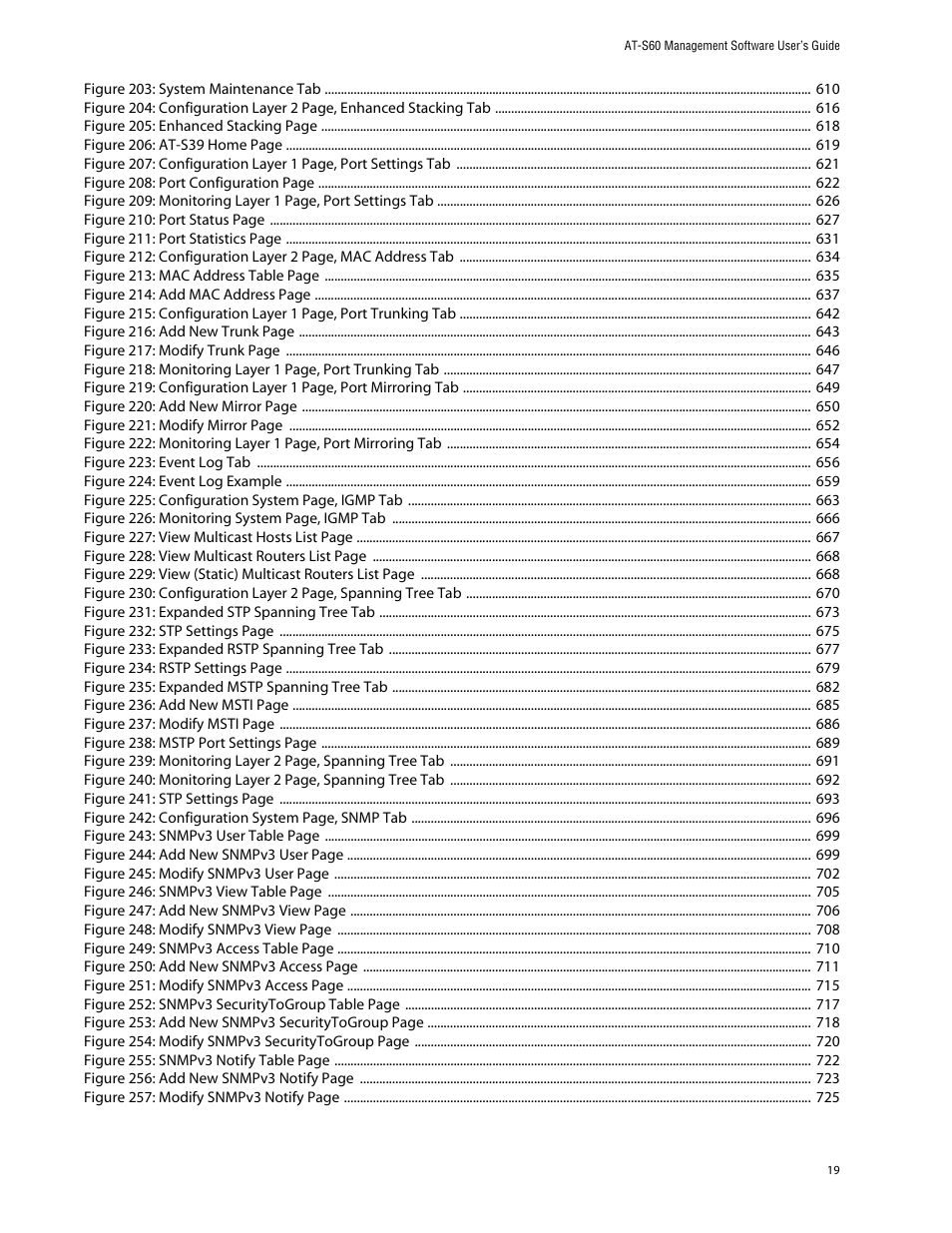 Figure 203: system maintenance tab 610, Figure 223: event log tab 656, Figure 224: event log example 659 | Figure 231: expanded stp spanning tree tab 673, Figure 233: expanded rstp spanning tree tab 677, Figure 235: expanded mstp spanning tree tab 682 | Allied Telesis AT-S60 User Manual | Page 19 / 858