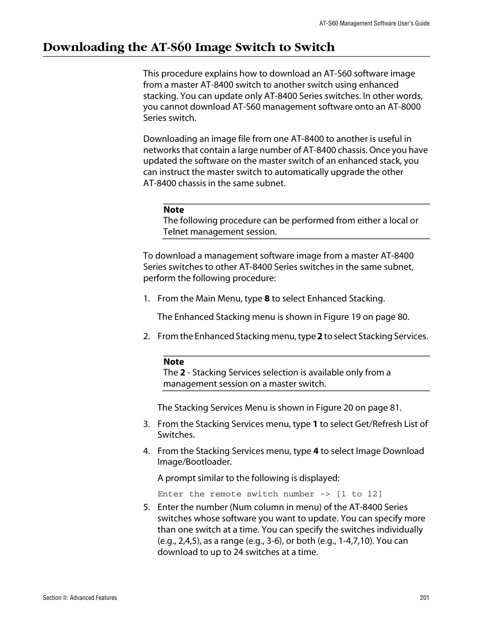 Downloading the at-s60 image switch to switch | Allied Telesis AT-S60 User Manual | Page 201 / 858