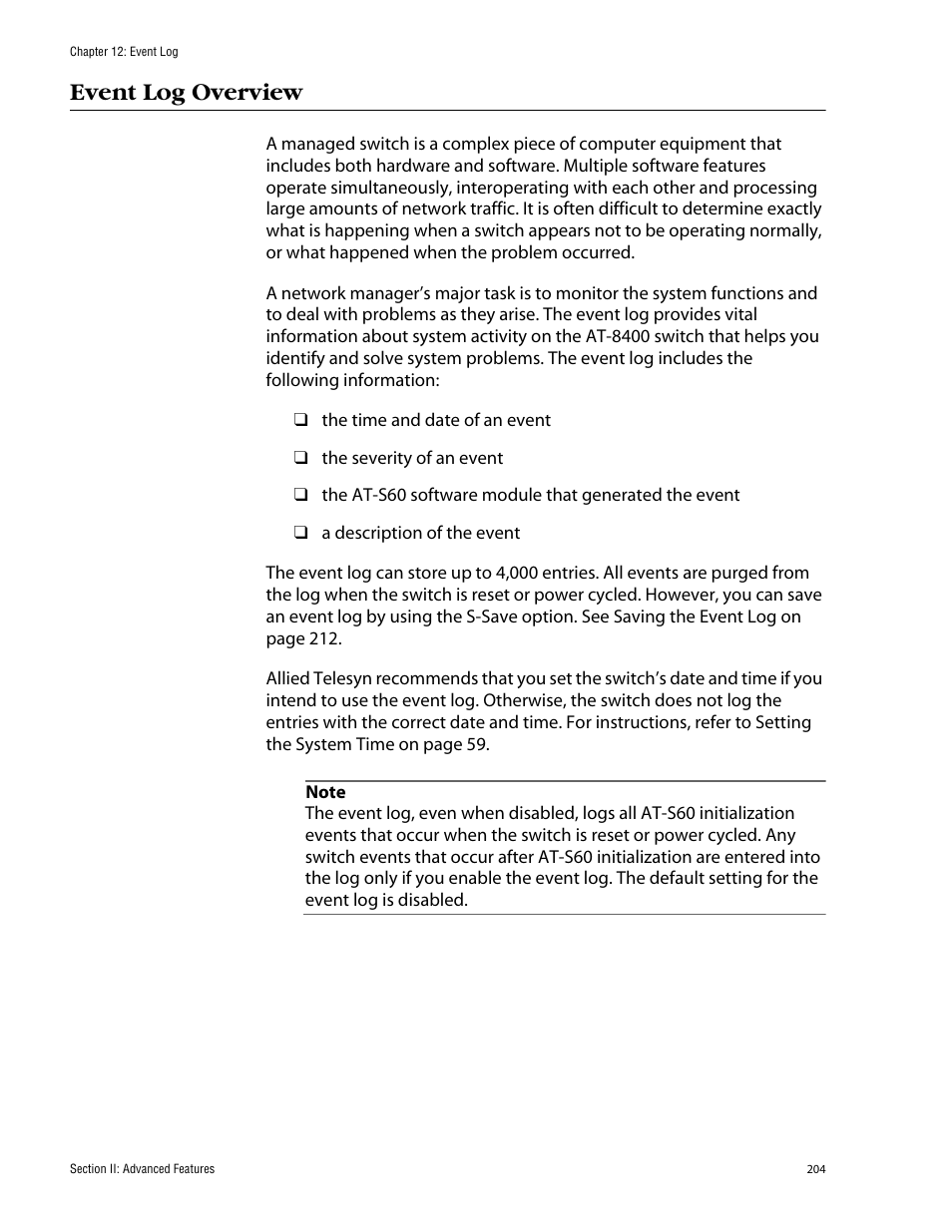 Event log overview | Allied Telesis AT-S60 User Manual | Page 204 / 858