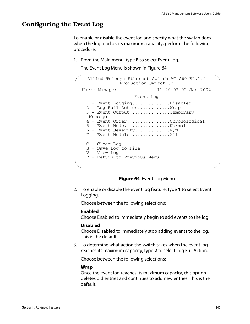 Configuring the event log | Allied Telesis AT-S60 User Manual | Page 205 / 858