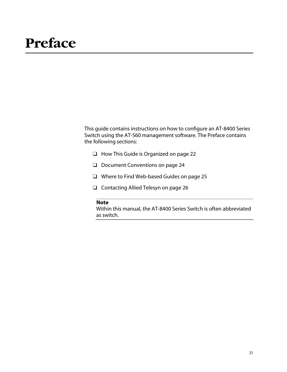 Preface | Allied Telesis AT-S60 User Manual | Page 21 / 858