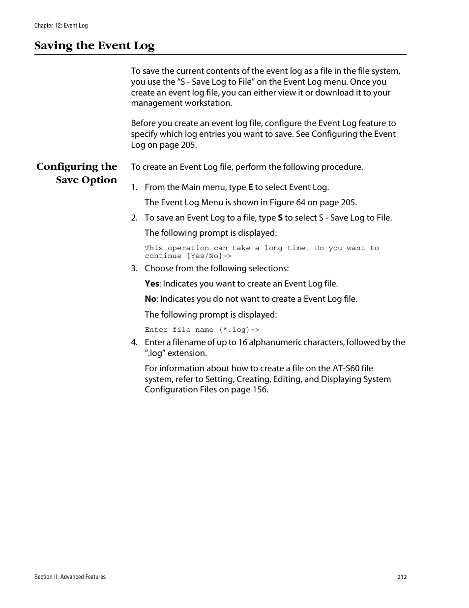 Saving the event log, Configuring the save option | Allied Telesis AT-S60 User Manual | Page 212 / 858