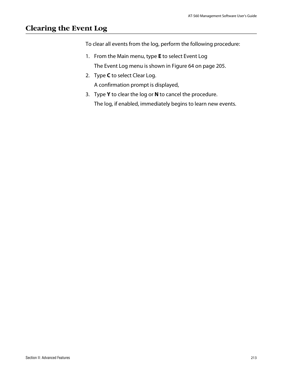 Clearing the event log | Allied Telesis AT-S60 User Manual | Page 213 / 858