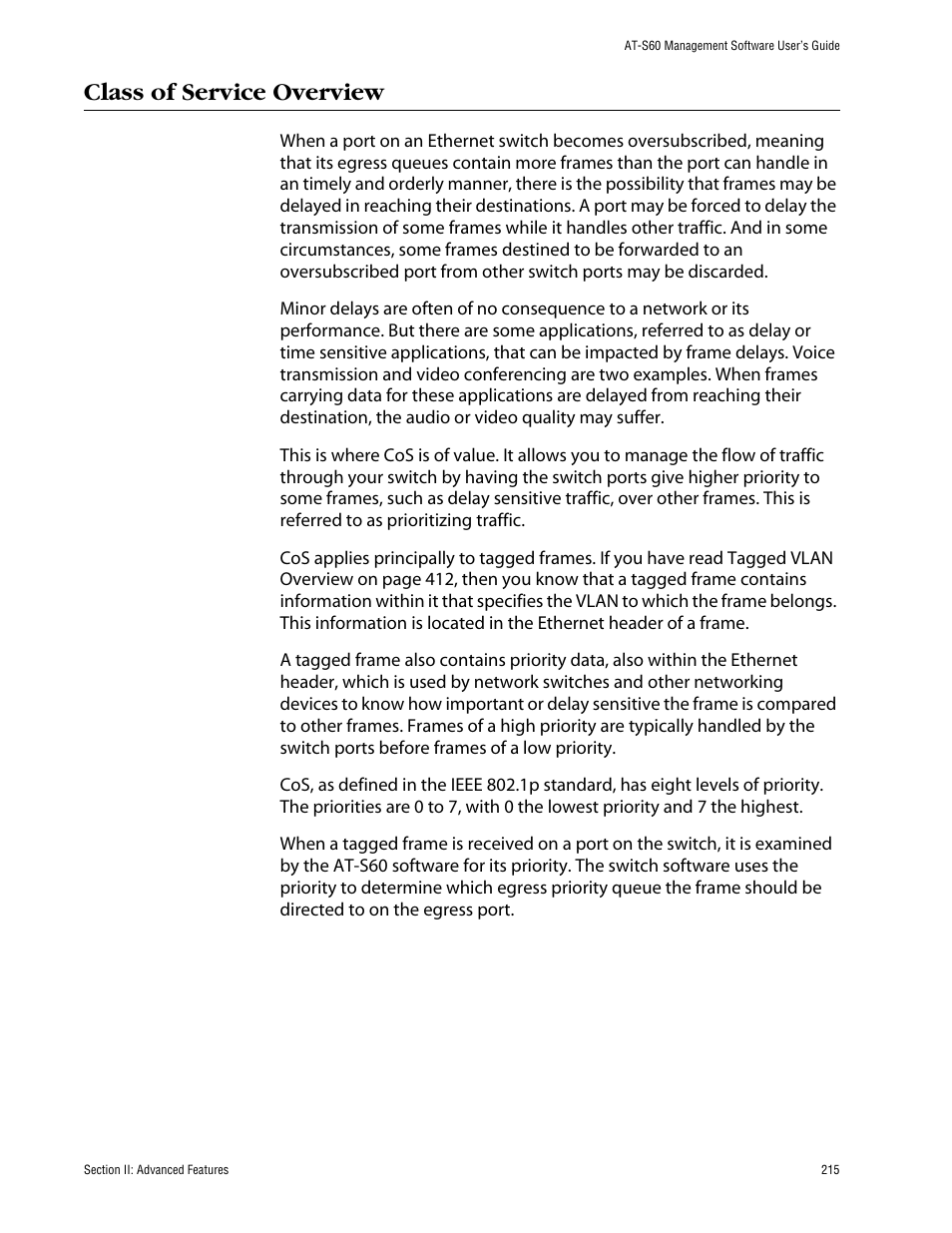 Class of service overview | Allied Telesis AT-S60 User Manual | Page 215 / 858