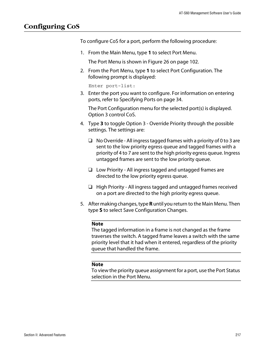 Configuring cos | Allied Telesis AT-S60 User Manual | Page 217 / 858