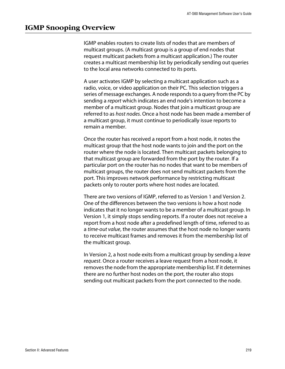 Igmp snooping overview | Allied Telesis AT-S60 User Manual | Page 219 / 858
