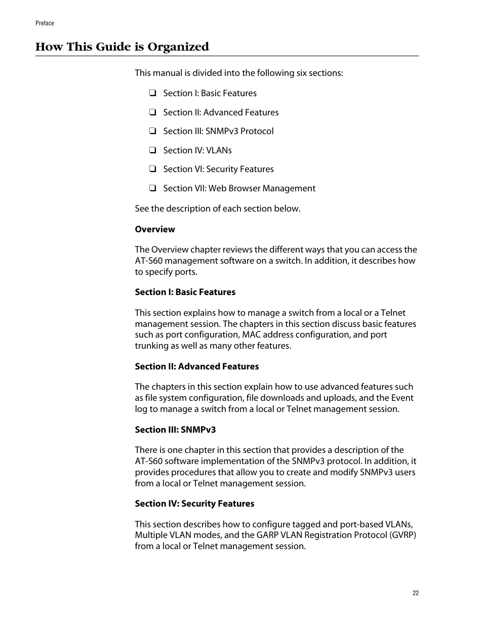 How this guide is organized | Allied Telesis AT-S60 User Manual | Page 22 / 858