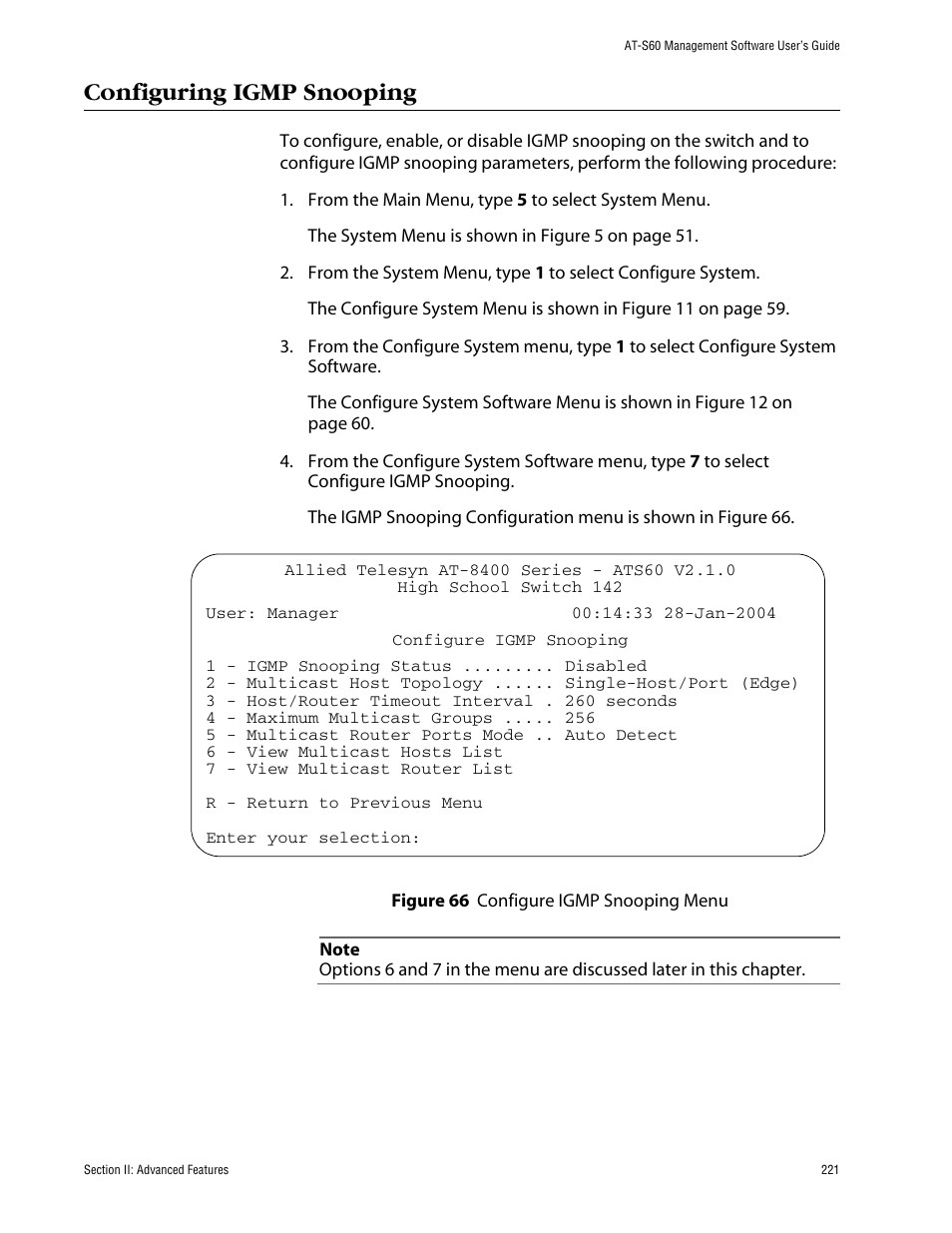 Configuring igmp snooping | Allied Telesis AT-S60 User Manual | Page 221 / 858