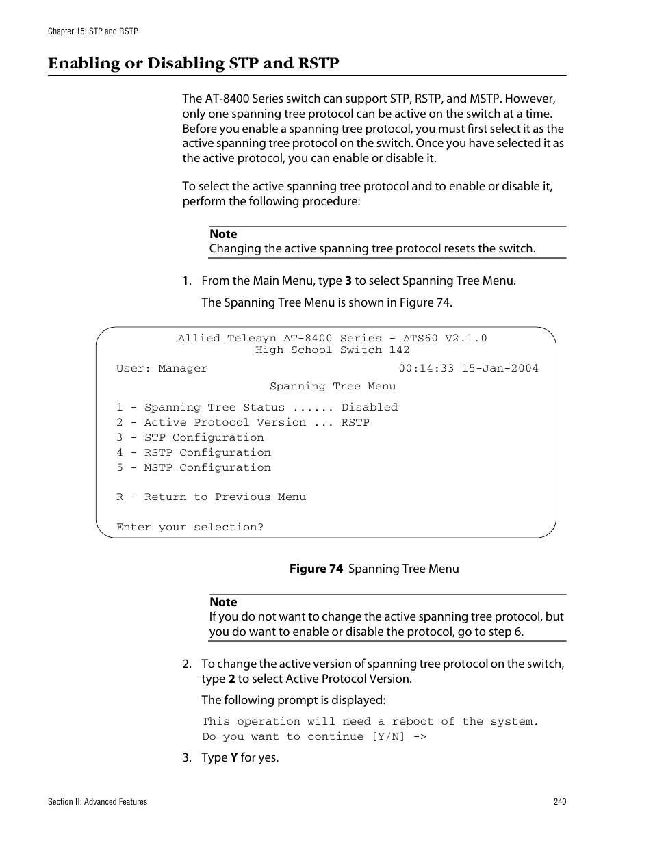 Enabling or disabling stp and rstp | Allied Telesis AT-S60 User Manual | Page 240 / 858