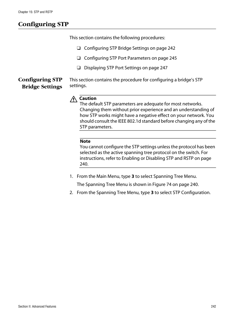 Configuring stp, Configuring stp bridge settings | Allied Telesis AT-S60 User Manual | Page 242 / 858