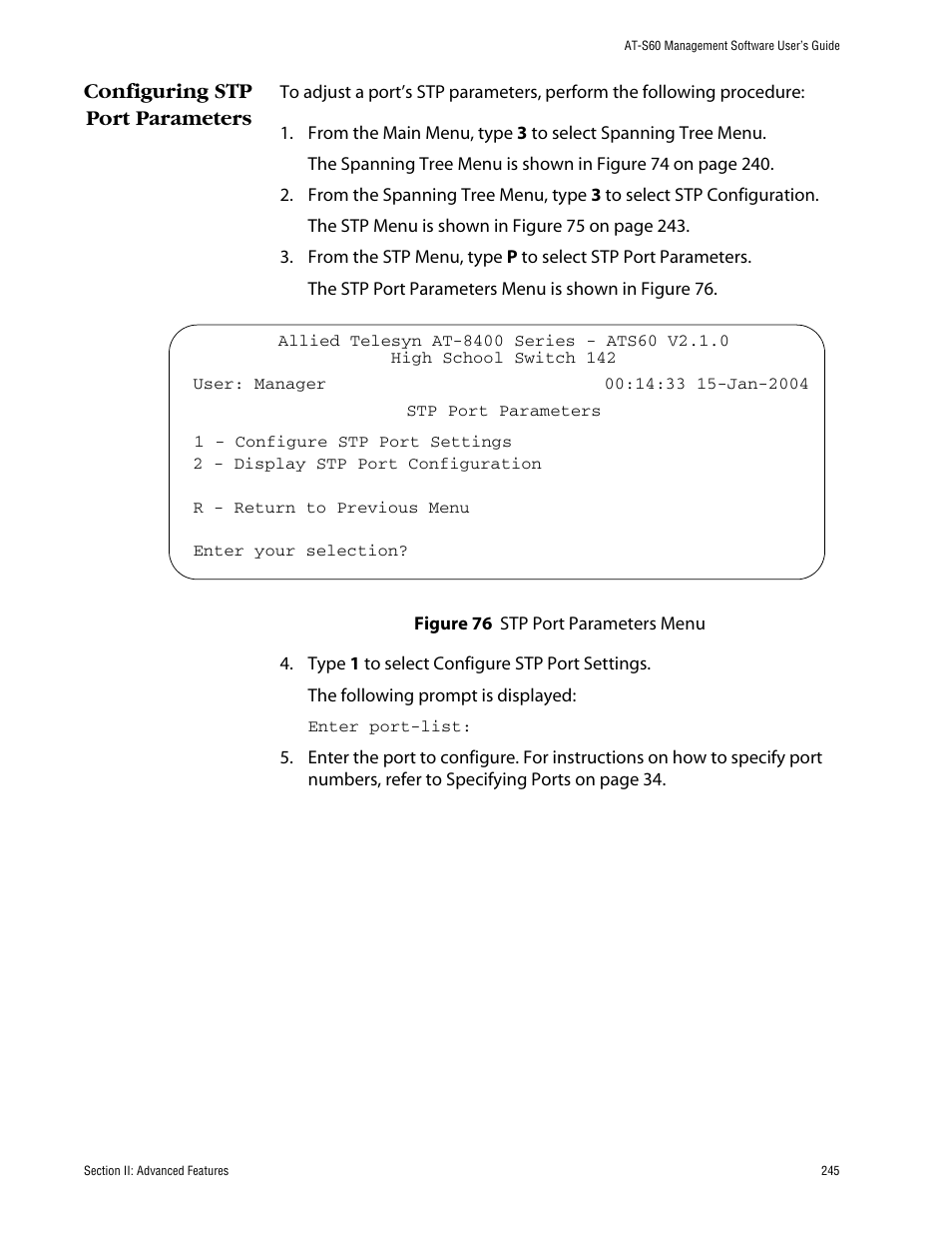 Configuring stp port parameters | Allied Telesis AT-S60 User Manual | Page 245 / 858