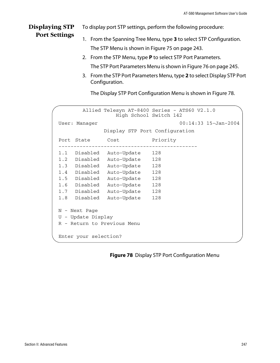 Displaying stp port settings | Allied Telesis AT-S60 User Manual | Page 247 / 858
