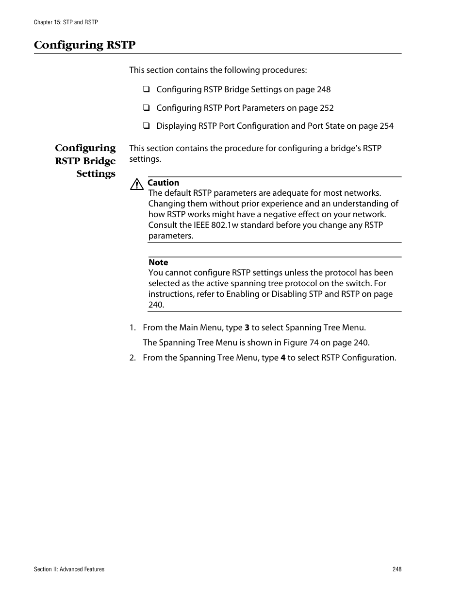 Configuring rstp, Configuring rstp bridge settings | Allied Telesis AT-S60 User Manual | Page 248 / 858