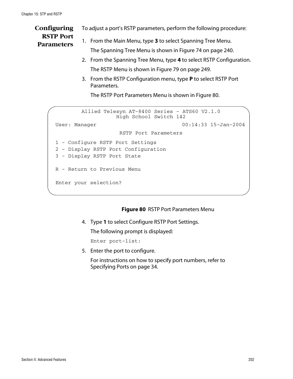 Configuring rstp port parameters | Allied Telesis AT-S60 User Manual | Page 252 / 858