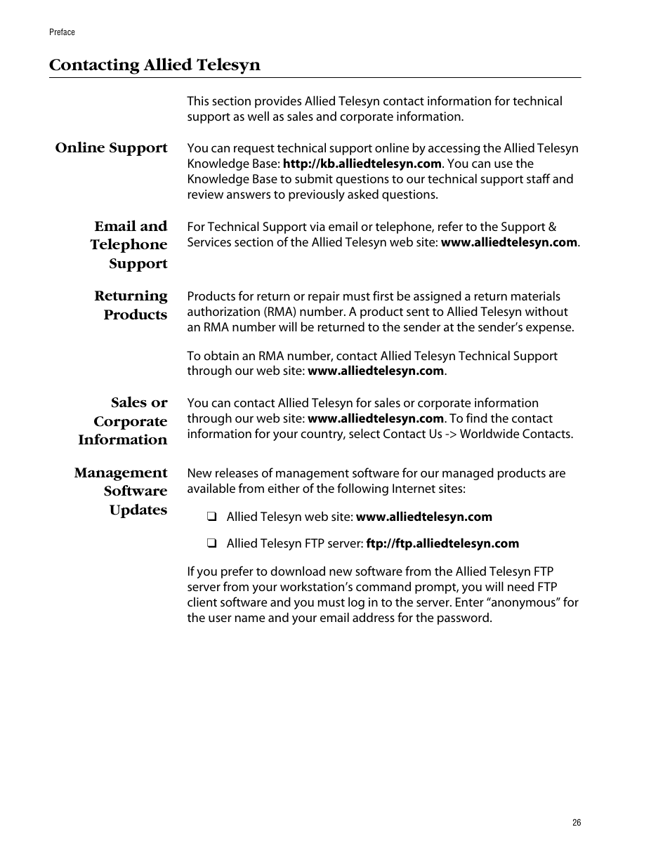 Contacting allied telesyn, Online support, Email and telephone support | Returning products, Sales or corporate information, Management software updates | Allied Telesis AT-S60 User Manual | Page 26 / 858