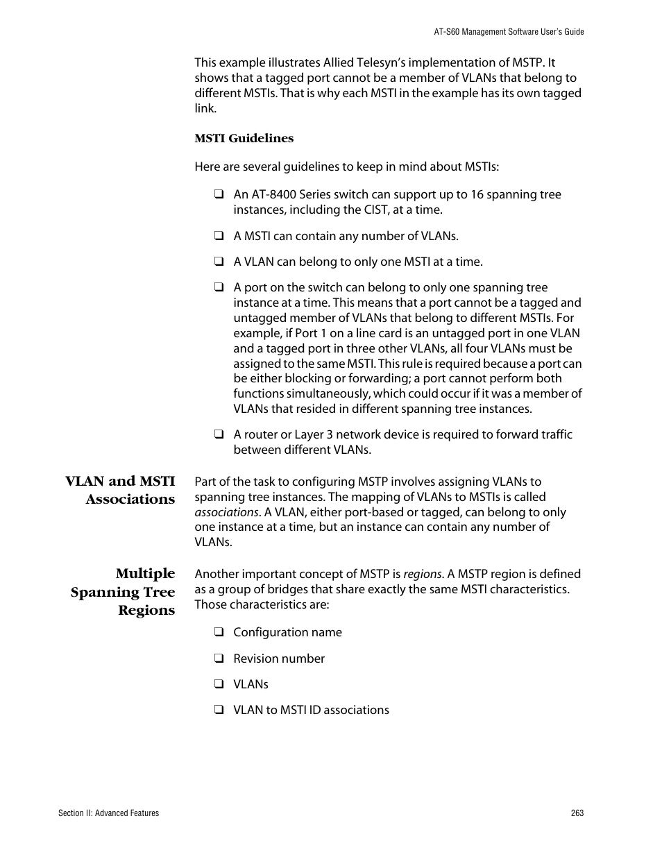 Vlan and msti associations, Multiple spanning tree regions | Allied Telesis AT-S60 User Manual | Page 263 / 858