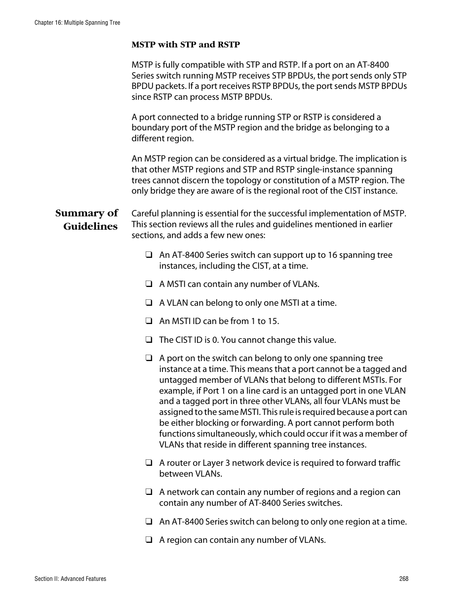 Summary of guidelines | Allied Telesis AT-S60 User Manual | Page 268 / 858