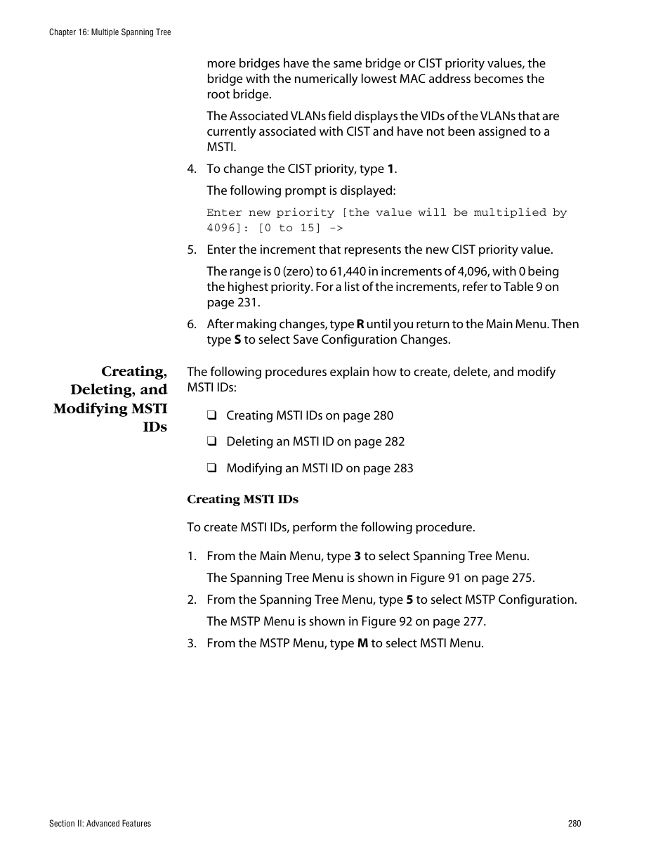 Creating, deleting, and modifying msti ids | Allied Telesis AT-S60 User Manual | Page 280 / 858
