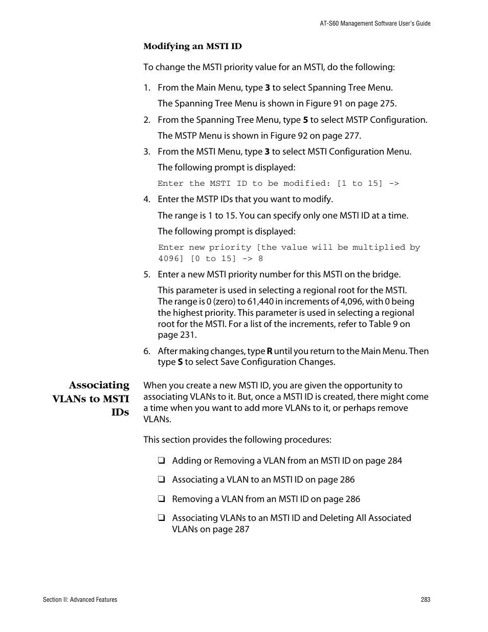 Associating vlans to msti ids | Allied Telesis AT-S60 User Manual | Page 283 / 858