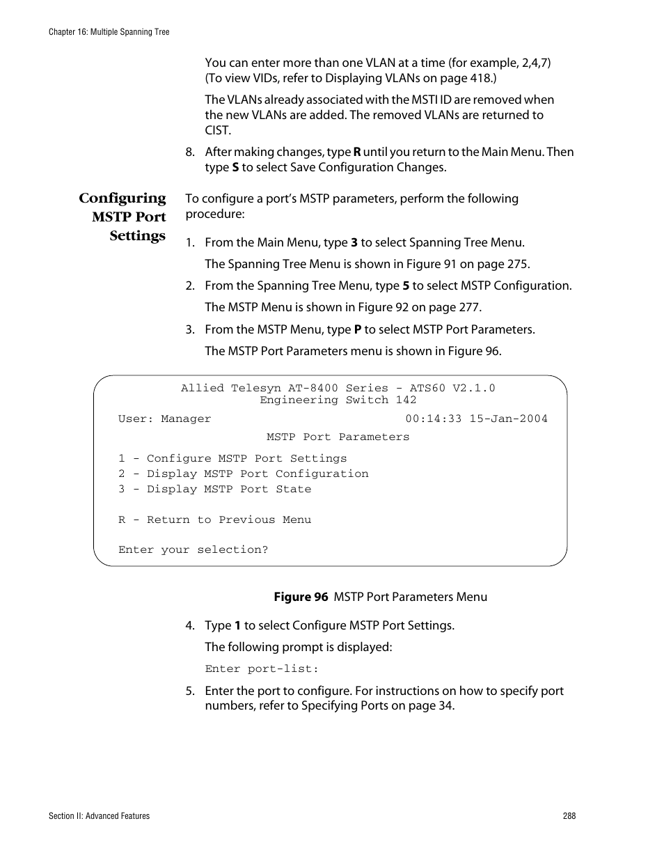 Configuring mstp port settings | Allied Telesis AT-S60 User Manual | Page 288 / 858