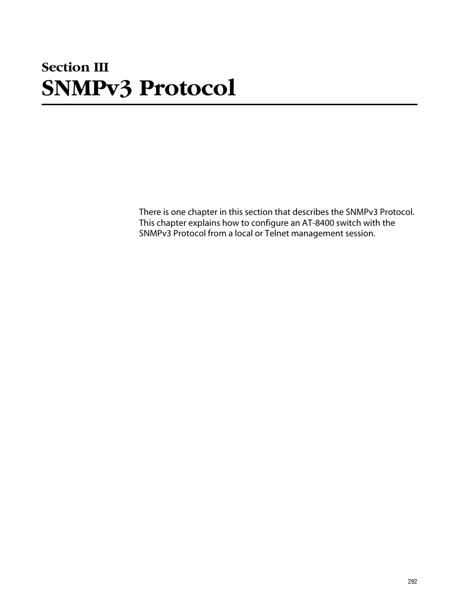 Section iii snmpv3 protocol, Snmpv3 protocol | Allied Telesis AT-S60 User Manual | Page 292 / 858