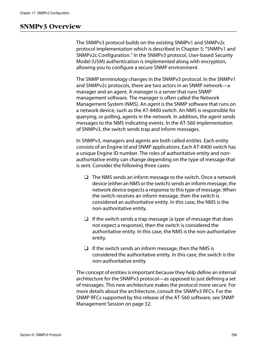 Snmpv3 overview | Allied Telesis AT-S60 User Manual | Page 294 / 858